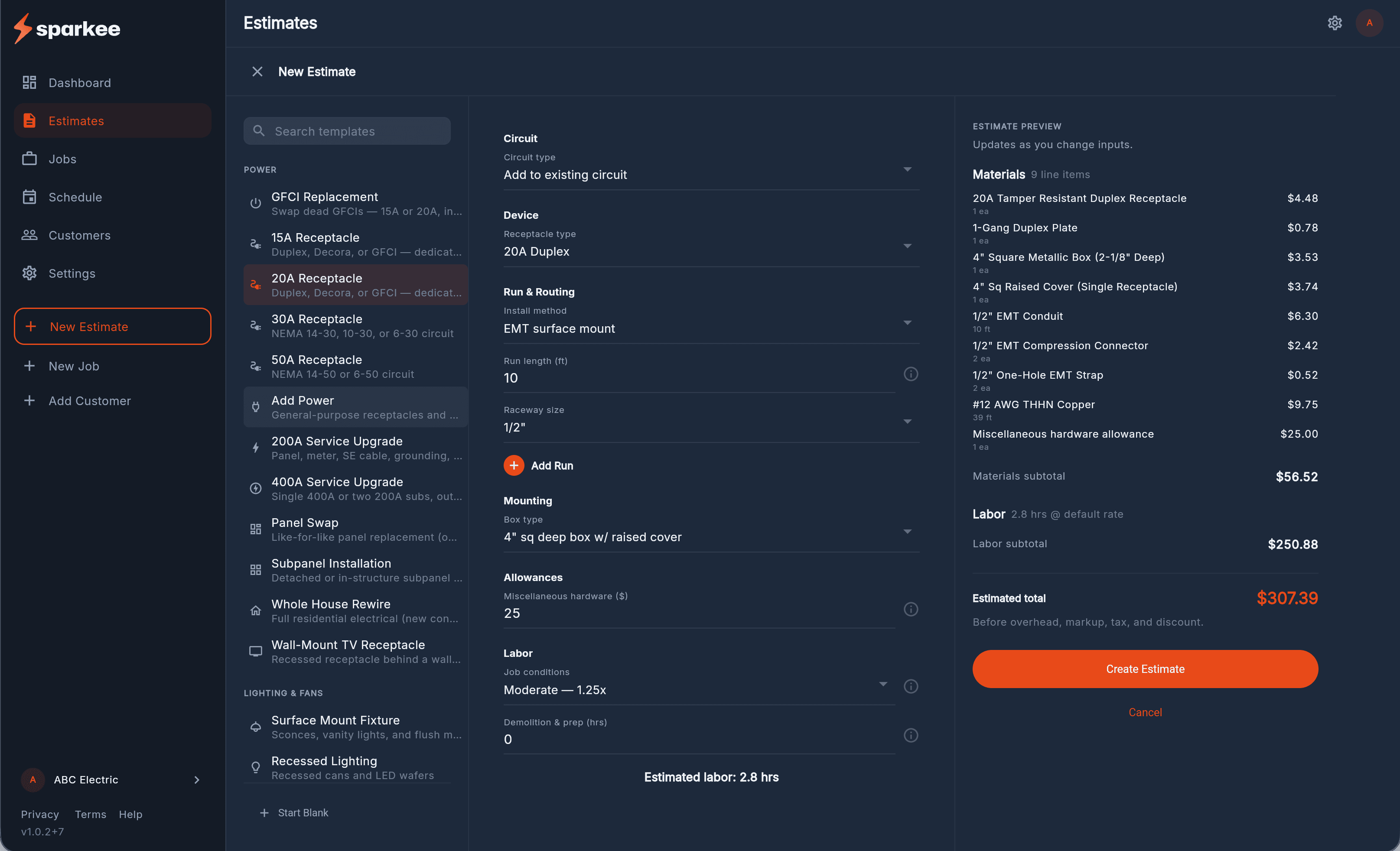 Building an estimate in Sparkee