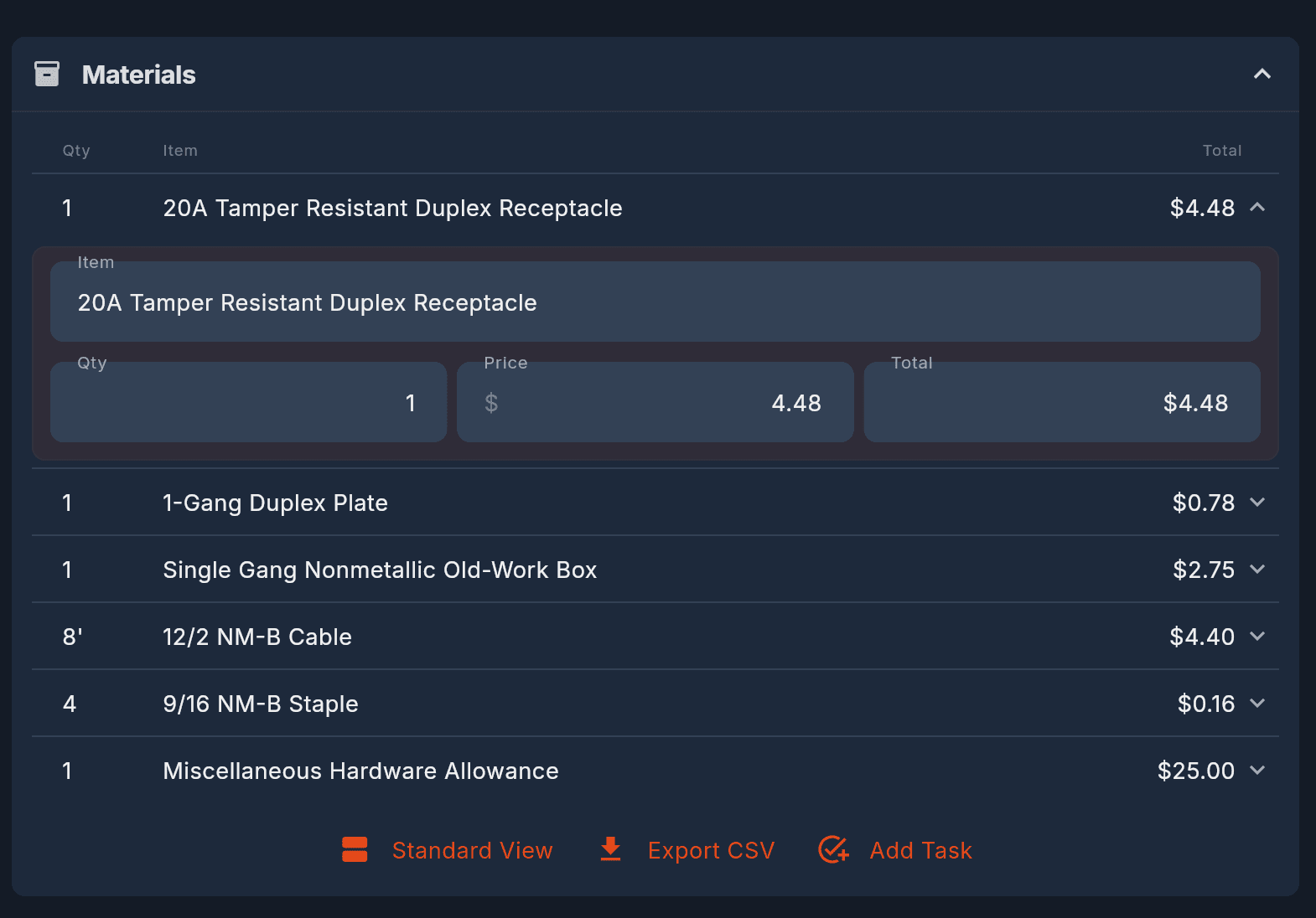 Itemized material pricing in Sparkee